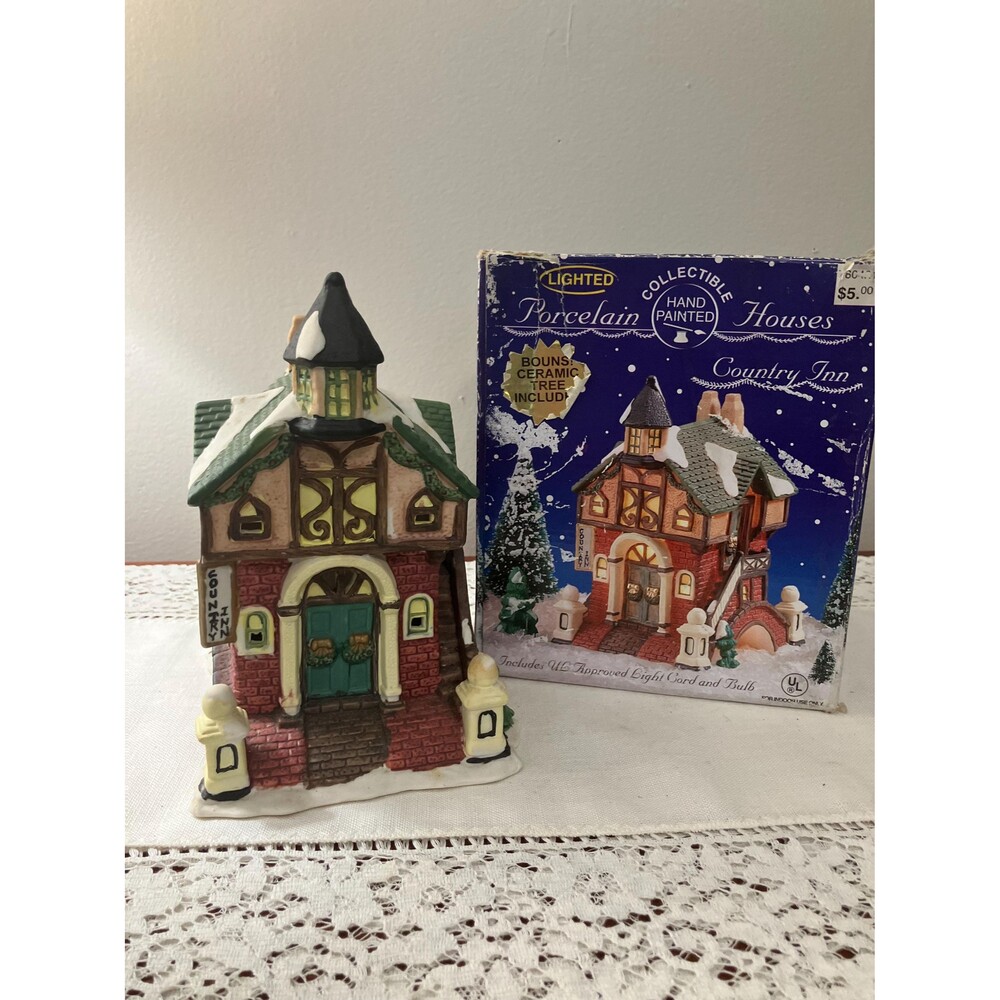 Lighted Porcelain Christmas Village Country Inn, Hand Painted Collectible House
